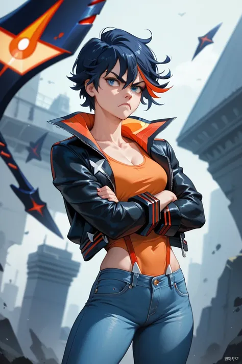 Girl, anime, dark blue hair, confident, fit, serious, blue eyes, orange shirt, black jacket, tight jeans, standing, arms crossed, looking away, short, kill la kill ryuko