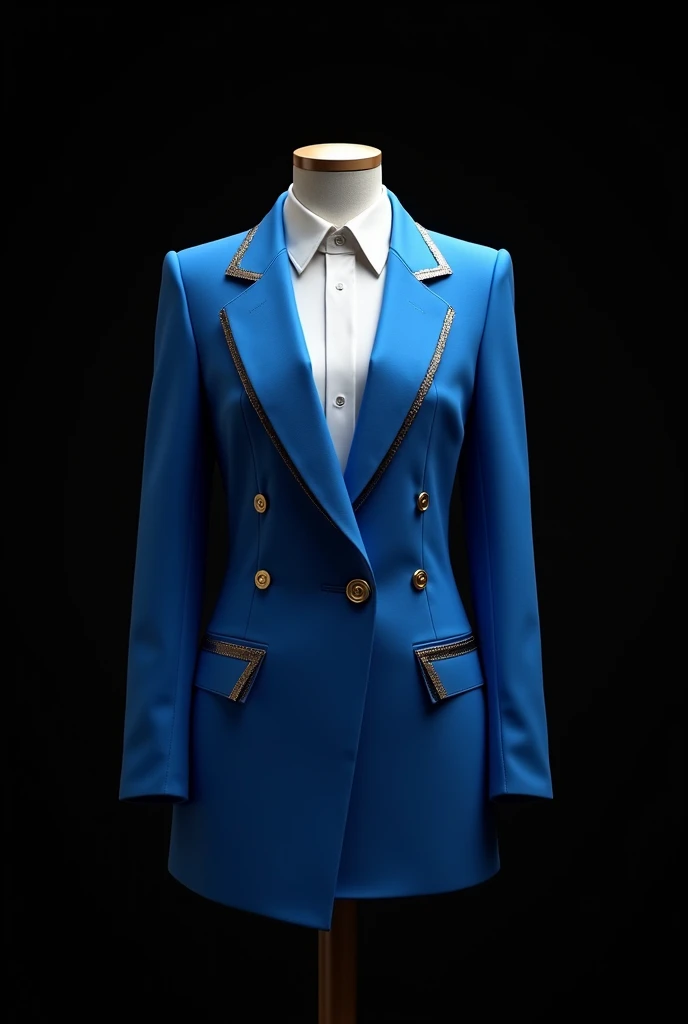 Electric blue suit and white shirt and gold dots with golden michi without body or mannequin only the top black background
