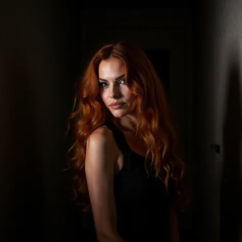 Woman with red hair and wolf eyes, in a dark alley,  clear environment (((  masterpiece  ))), (((  highest quality ))), ((  very detailed)), (photograph), ((  Very delicate and beautiful   )),  high resolution , ((dim light)),((  movie grain )), ((  single...