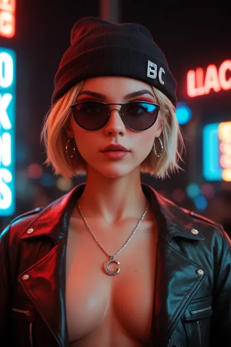 Face close up, alternative girl, watching over black sunglasses, jacket, necklace, neon light reflections on skin, ear ring, makeup, skin imperfection, short hair, beanie, neon lights background, low light, depth of field, highly detailed, high contrast, f...