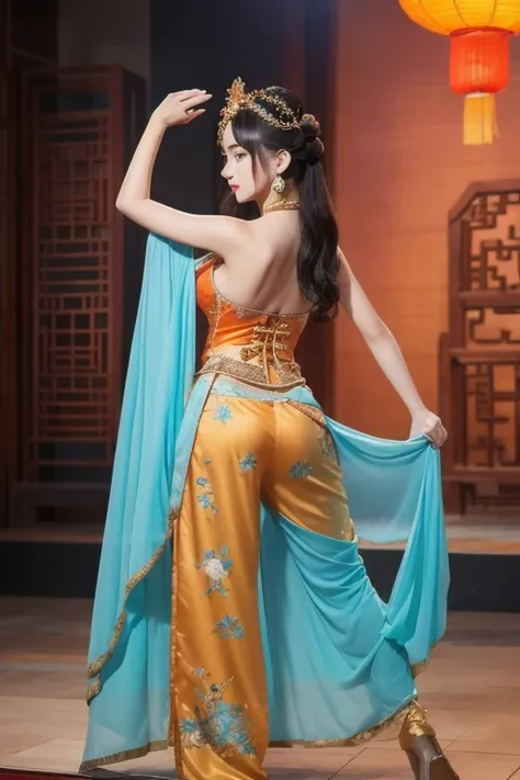 The woman is wearing an ancient dance costume, including an orange full-length halter top blouse, and light blue chiffon trousers on the bottom. She is an oriental beauty with a very Chinese style. The costume is very Song Dynasty style. She has her back t...