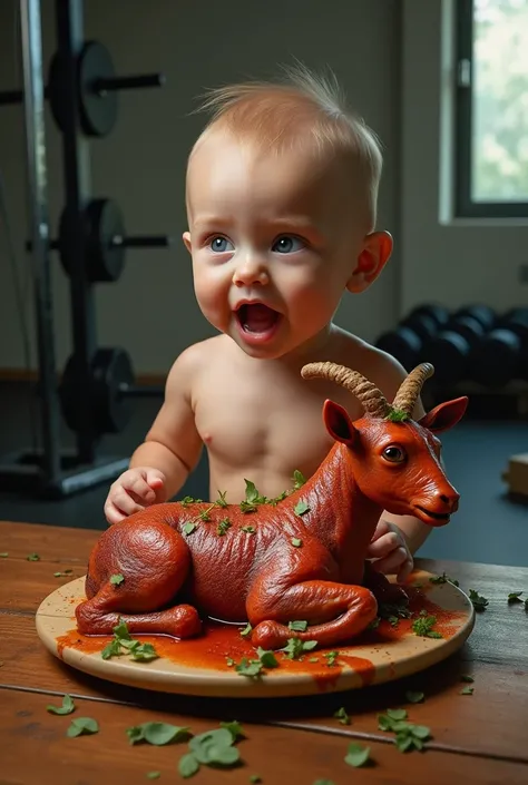 A realistic and humorous image of a muscular baby with its face perfectly matched and proportionate to its body. The baby is seated at a table with a large, realistic, and detailed spicy roast shaped like a goat placed next to it. The roast is garnished wi...