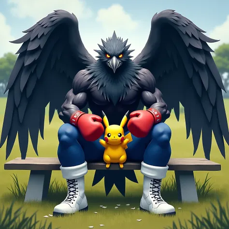 A muscular winged raven in white boots , blue pants,  wearing red boxing gloves sits on a bench in a savwan with pikachu on his knees 