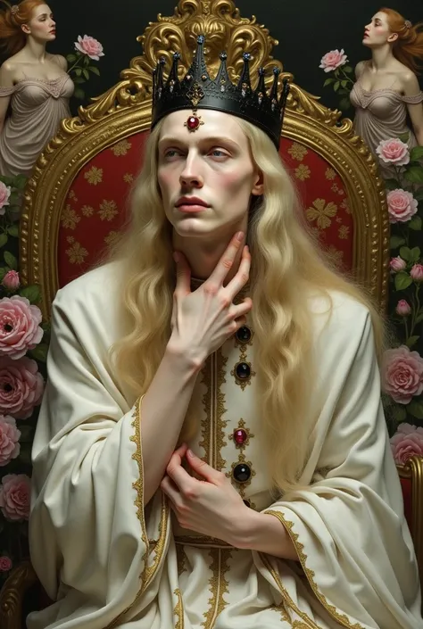 The painting depicts an elegant male figure with long, flowing blonde hair. On his head rests a black crown with gothic elements, emphasizing his royal or mystical status. His face is pale, with golden accents around the eyes, adding an aura of enigma to h...