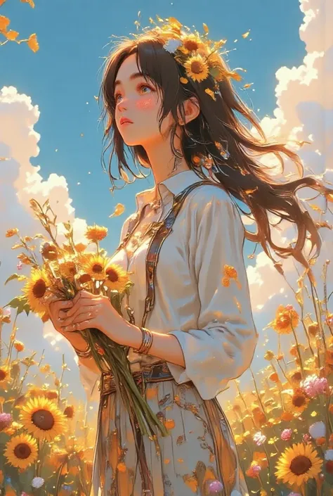 A picture in the style of paintings by Boris Valeggio, a woman with a wreath of flowers on her head and flowing dark hair with a bouquet of sunflowers in her hands against the background of a flower meadow 