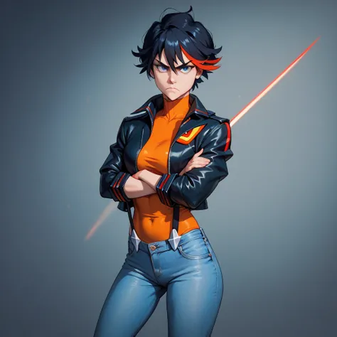 Girl, anime, dark blue shoulder lenght hair, confident, fit, serious, blue eyes, orange shirt, black jacket, tight jeans, standing, arms crossed, looking away, short, kill la kill ryuko