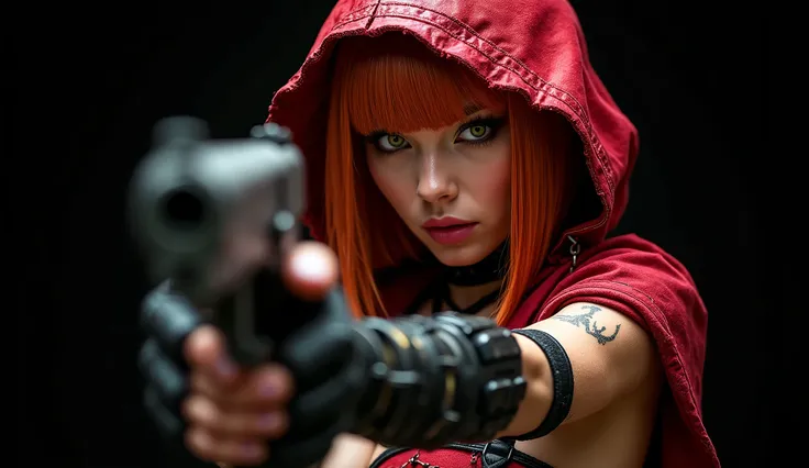 High quality image, 8k, high definition, of a beautiful woman, sublime beauty, she is dressed as a sexualized huper red riding hood. sexy warrior red riding hood. scaled bob hair cut with bangs. Orange redhead, highly detailed hair. Very detailed and expre...