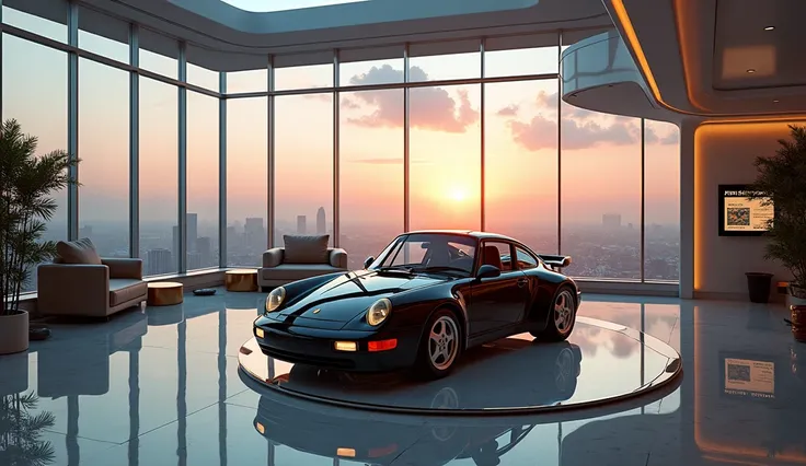 The scene unfolds like a carefully curated dream for any automotive aficionado. Dominating the space, a pristine Porsche 993 Turbo 3.6, resplendent in its classic lines and aggressive stance, rests majestically on a polished glass pedestal. The pedestal, s...