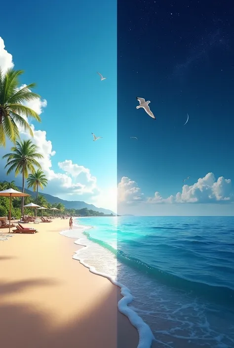 Create an image divided into 2 a sunny day at the beach and a starry night at the beach