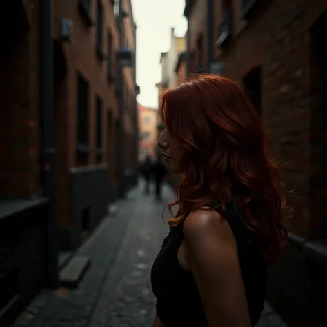 Woman with red hair and wolf eyes, in a dark alley,  clear environment (((  masterpiece  ))), (((  highest quality ))), ((  very detailed)), (photograph), ((  Very delicate and beautiful   )),  high resolution , ((dim light)),((  movie grain )), ((  single...