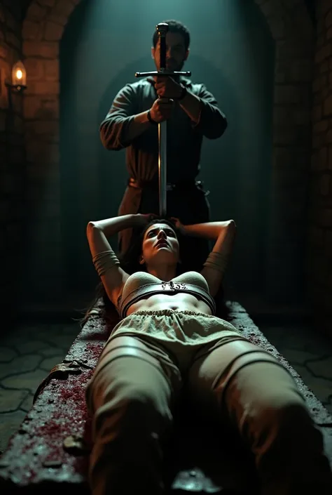 A young woman is strapped down on a horizontal medieval torture table. She lies on her back. Her arms are bound above her head. She looks scared. Her entire belly is visable. There is an executioner standing next to the table. He is holding a sword close t...