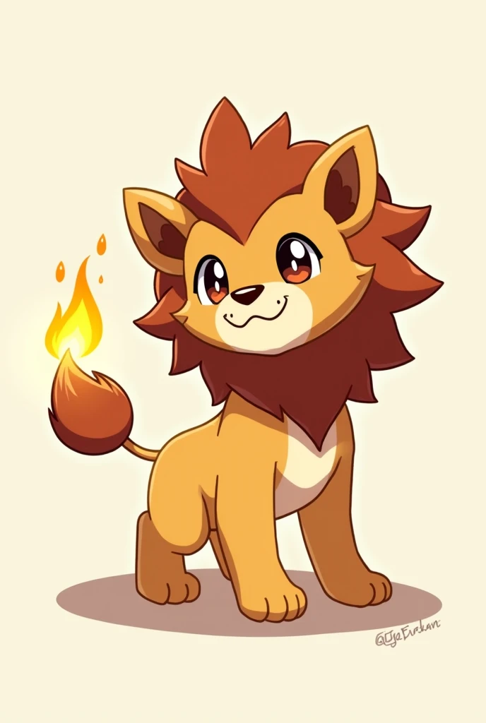 I want you to make a cute 2-dimensional pokemon with brown -colored, resembling lion but standing on two legs, with yellow fire on the tail.