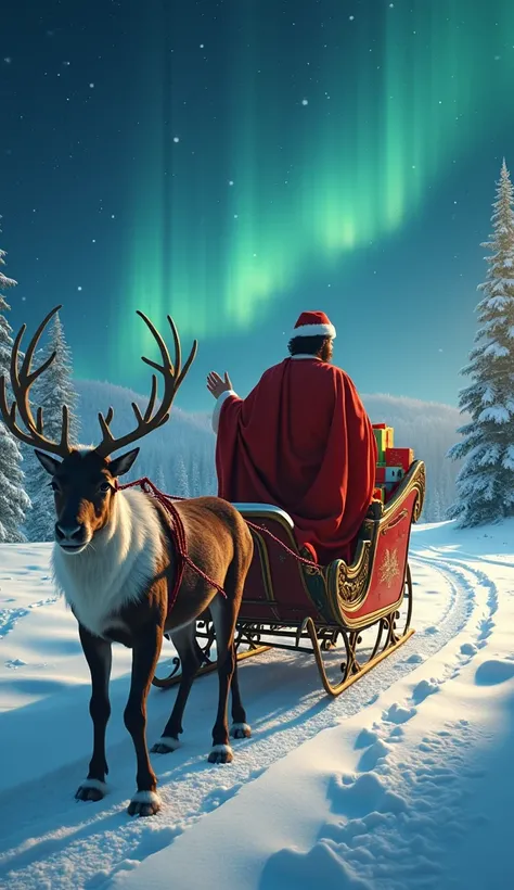 A festive sleigh seen from behind, moving away into the distance, surrounded by majestic reindeer adorned with ornate harnesses. Jesus Christ is seated in the sleigh, turned slightly to wave goodbye with one hand, as if warmly bidding farewell. His traditi...