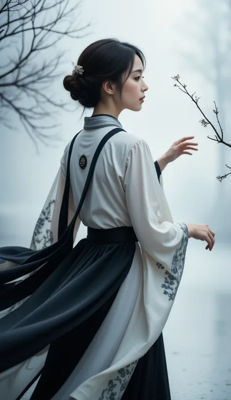 An ethereal and dynamic depiction of a young woman in traditional East Asian attire, captured mid-motion as her flowing garments ripple gracefully. She wears a harmonious ensemble of black and white hanfu, with intricate patterns subtly adorning the fabric...