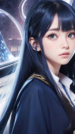 Anime illustration, long indigo hair, large eyes, small mouth, age 16, wearing navy blue wizard&#39;s uniform, Thin Clothing, lightweight clothing, One girl, solo, Anatomically correct, High resolution, Ultra high definition, Very detailed, Textured skin, 