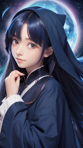 Anime illustration, long indigo hair, large eyes, small mouth, age 16, wearing navy blue wizard&#39;s uniform, Thin Clothing, lightweight clothing, One girl, solo, Anatomically correct, High resolution, Ultra high definition, Very detailed, Textured skin, 