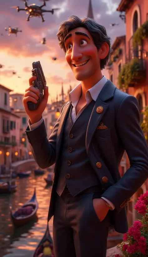 "A retired spy, Tom Cruise, wearing a classic black suit, stands on the roof of a Venetian house overlooking the city’s famous canals. He holds a technological gadget in one hand, with a serious and determined expression. The background shows the beauty of...