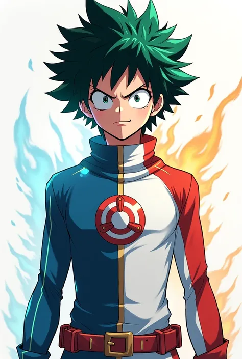  Midoriya anime style with the color on the left side the color of Todoroki and the one on the right side white with some green highlights , MHA 