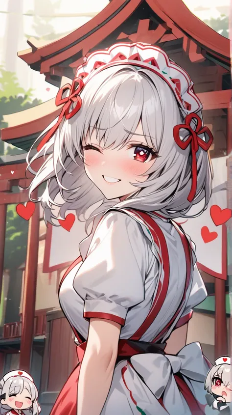 ( top quality , ),  beautiful women (One eye is red:1.2), elements. well-groomed face 、 Shy Expression 、 Silver Hair、 red eyes、smile( heart in eye、one eye closed)、A beautiful shrine maiden、 one eye is covered by hair、 1 girl、 back view,    chibi 、 maid clo...