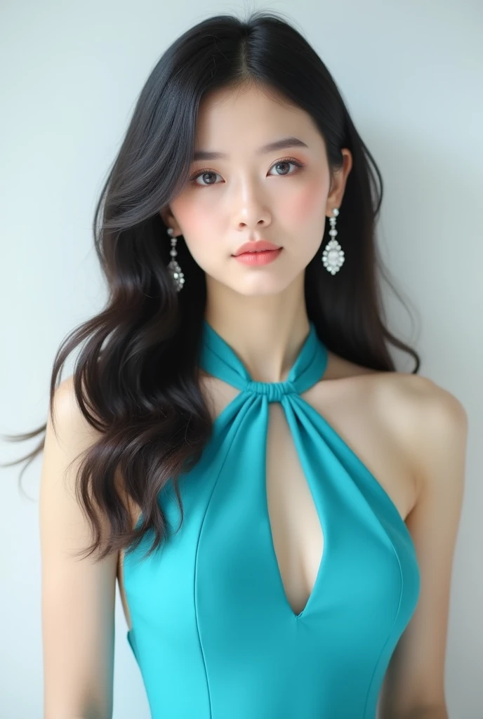 A beautiful Chinese female model with black hair. She is twenty years old with a Chinese face. She is wearing a luxurious cyan halter neck dress, brown eyeshadow, and soft pink lipstick. She has a quiet, indifferent, and stern appearance without a smile an...