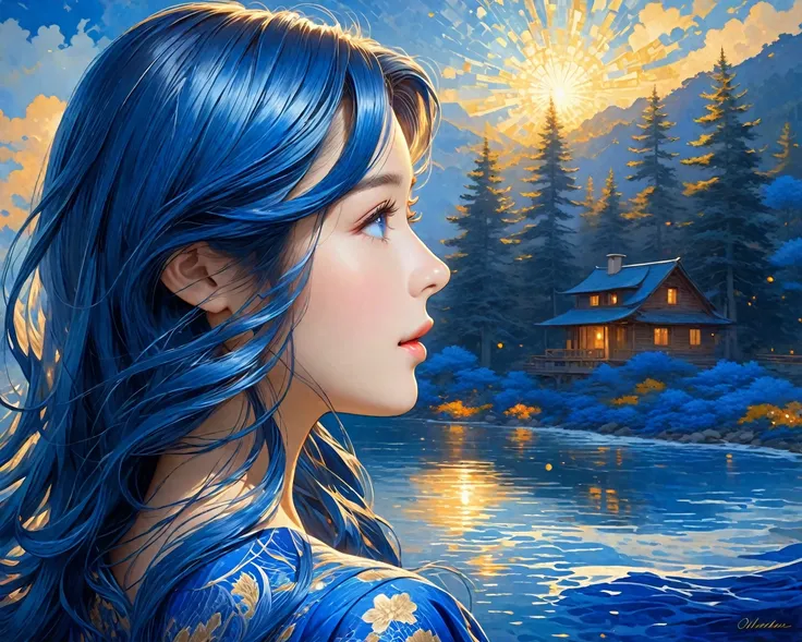 "A beautiful and radiant young woman , with long waves of blue hair shining with light . Her dress,  adorned with complex and elegant patterns in cobalt blue, highlights her figure with grace,  while her bearing reflects confidence and sophistication . his...