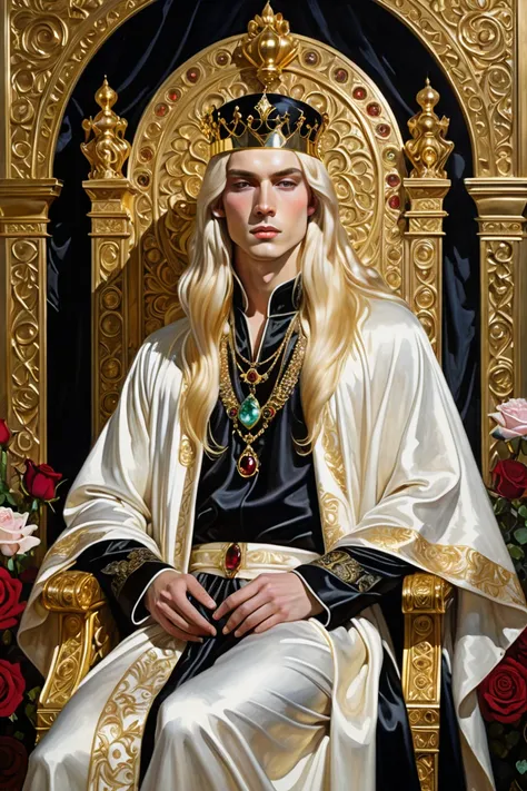 The painting depicts an elegant  young male figure with long, flowing blonde hair. On his head rests a black crown with gothic elements, emphasizing his royal or mystical status. His face is pale, with golden accents around the eyes, adding an aura of enig...