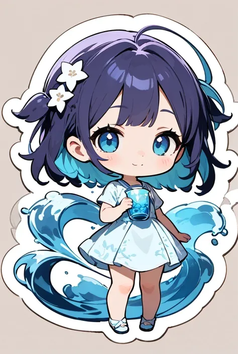 Create a charming chibi character sticker that embodies the essence of Aquarius, set against a solid white background. The character should have a round head and body, emphasizing cuteness, with large, expressive eyes that convey wonder and joy. Style the ...