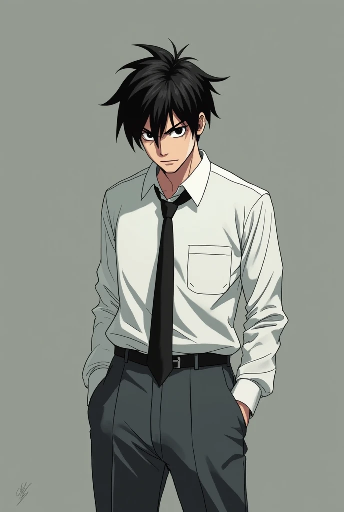  Young man of one meter 74 ,  totally black hair, apple-like hairstyle with a tuft ,  black eyes and tired ,  with a messy white uniform without pockets ,  with black tie ,  and gray pants , and hands in the pockets , scary look, 