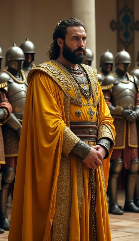 "King Aryan, dressed in bright golden attire, stands in the court with his soldiers. His face reflects determination and justice. The traitorous ministers, shackled in chains, stand with their heads bowed."