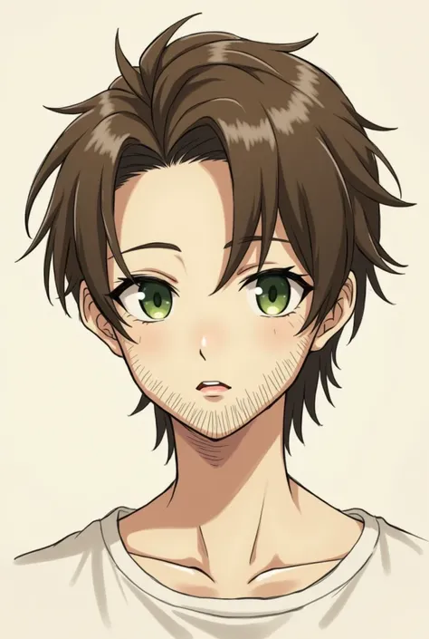 Brown-haired anime boy,  green eyes, chin with hair and a moustache pencil