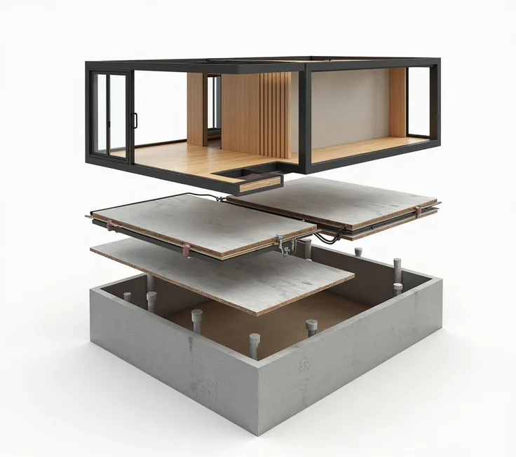 Render a highly detailed 3D exploded view of a one-story prefab house, showcasing all architectural and structural components in a modular layout. The roof should be hovering above the structure, detached and perfectly aligned, while one wall is extruded o...