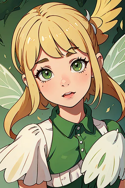 A girl with blonde hair and green eyes, and fairy wings