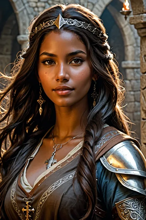  a girl with brown skin,  long hair,  brown eyes, almost black brown hair ,  medieval fantasy style  