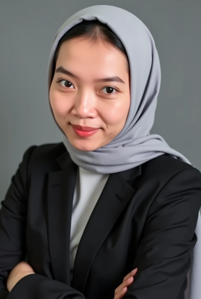 A portrait of a young woman with a friendly and confident expression, wearing a light gray hijab and a professional black blazer. Her arms are confidently crossed in front of her. The lighting is soft and even, coming from one side, with a neutral gray bac...