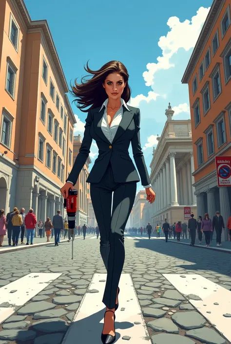 Make her a business woman with Hilti drill in her arms crossing road in Rome , anime stile