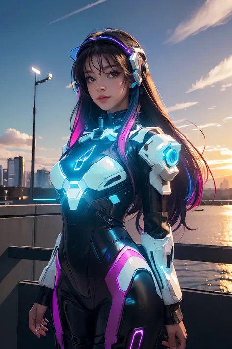 ((masterpiece, best quality, extremely detailed), volumetric lighting, ambient occlusion, colorful, glowing), 
1girl, solo, young girl, (dark hair), long hair, halo, aura, sacred, godness, cyber suit, (random-colored outfit:1.3), android, bot, cybernetic w...