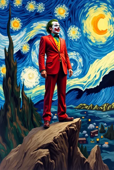 "Create a painting of Joaquin Phoenixs Joker in his iconic red suit and makeup, standing at the peak of a jagged mountain, in the style of Vincent van Gogh. The Joker should be portrayed with expressive, swirling brushstrokes and vivid, dynamic colors, emp...