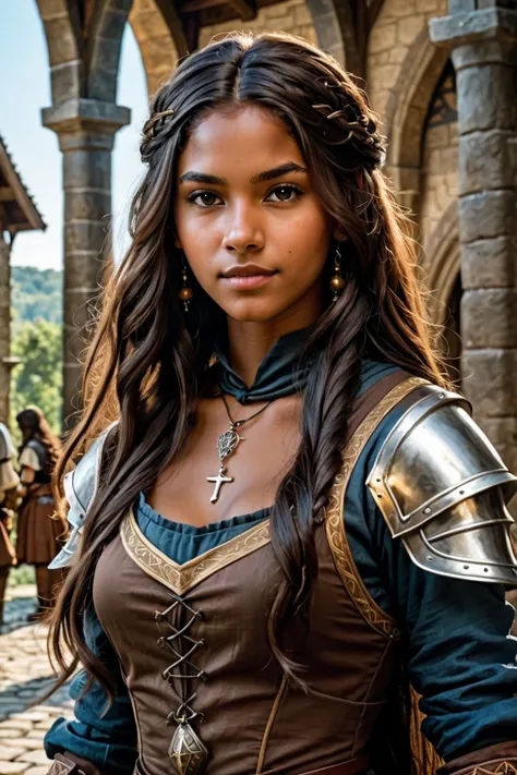  a brown-skinned teenage girl,  long hair,  brown eyes, almost black brown hair ,  medieval fantasy style , who is also a witch 