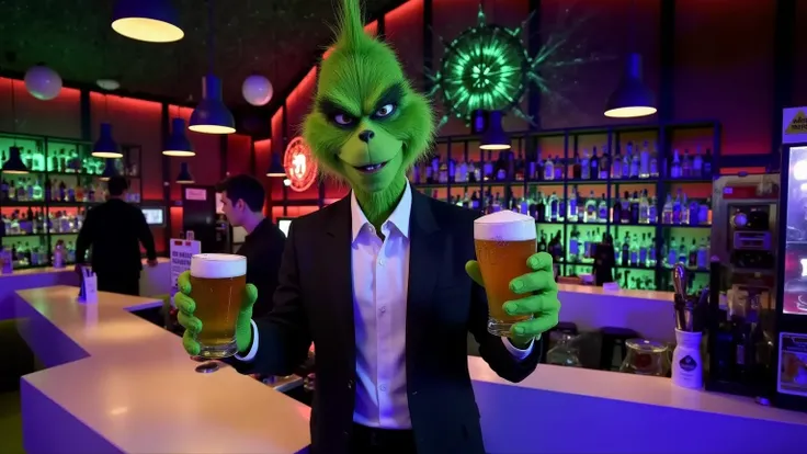 Create a highly realistic and detailed image of the Grinch dressed in a sharp suit, standing in a lively music bar. He should be holding a beer in each hand, with the beers spilling over as he looks directly at the camera with a mischievous, villainous exp...