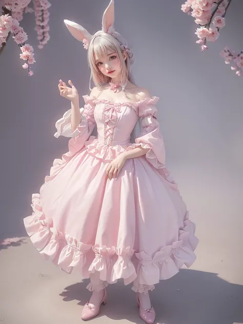 ((1 女孩exist、((Full body standing photo))、high-quality image、 Top Quality 、masterpiece、White hair、Langheier、 pink eyes、Rabbit ears、 Frilled Dress 、 puffy sleeves 、 connect the sleeves to the shoulders、A smile、Stretched hands position 、exist、Cute little