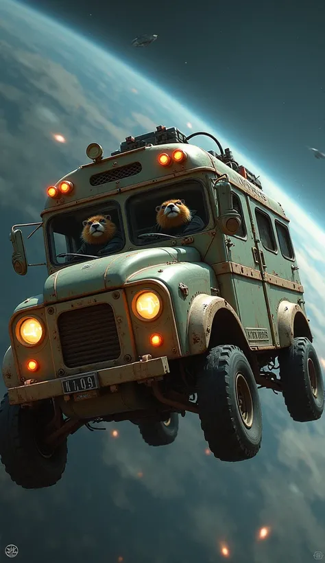 space Minibus, brutal beaver in a black jacket and glasses, gloomy beaver with a green jacket driving