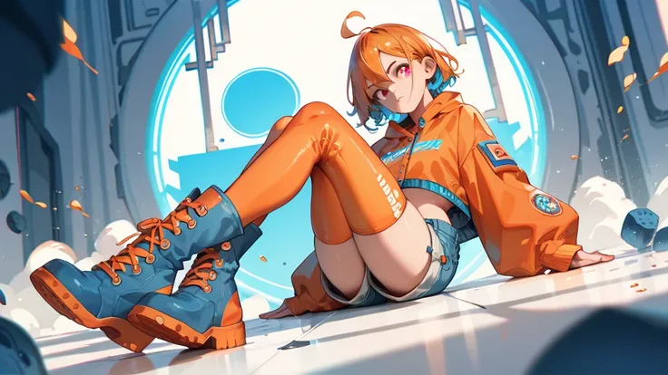  full-length girl, square, , the left half of the head is blue,  right orange , left eye blue , right eye orange,  in short shorts half orange and half blue,  in a top half orange half blue , in blue and orange long high boots , sexy