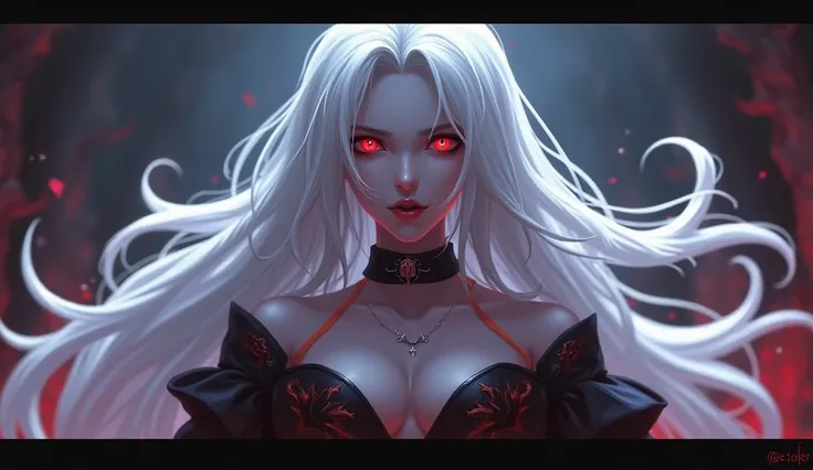 (Shalltear bloodfallen) 1 ,  long white hair,  Red Eyes, sharp vampire fangs , pale white skin, sexy