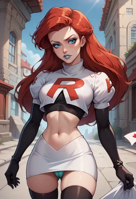 score_9, score_8_up, score_7_up, score_6_up, source anime, BREAK 1girl, solo, mature girl, adult, Ariel, (Disney), red hair, bangs, blue eyes, eyeshadow, lipstick, silver lipstick, team rocket,team rocket uniform,white skirt,red letter R,crop top,black thi...