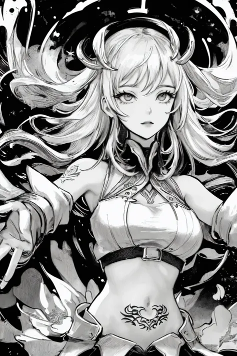 (( A stunning black-and-white coloring book, monochromatic )), Monochromatic digital artwork depicting a futuristic female character with long, straight hair flowing to her shoulders. Her facial features are striking, with a strong and confident expression...