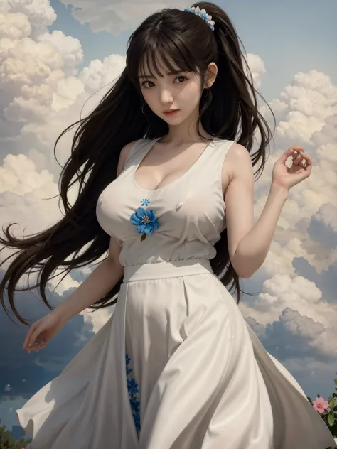 (best_quality, masterpiece:1.2), (detailed), (4k, 8k, uhd, high_resolution, highres), 1girl, (gigantic_breasts:1.4), disheed_hair, (white_fashionable_clothing), standing, fashion_model, looking_at_viewer, beautiful_detailed_eyes, delicate_beauty, floating,...