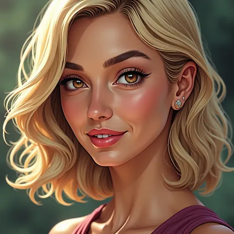 "Create a highly detailed, digital portrait in a realistic comic art style, showcasing the face of Jade, a 37-year-old woman with striking features. She has smooth, medium-toned fair skin and shoulder-length blonde hair styled in soft waves, framing her fa...