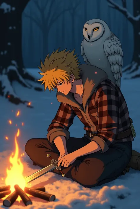 Jaune Arc from RWBY wearing a flannel shirt and a wolf pelt over his head sharpening an ancient sword in front of a campfire at night with a snowy owl companion. 