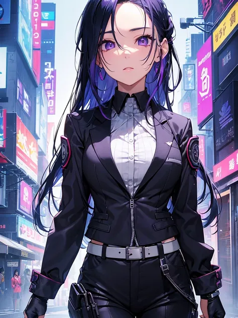 Beauty、 business suit、 black hair、Blue Hair、Purple Hair、 long hair、Eye patch、Age 27、 cyberpunk、 face up、night、 sexy