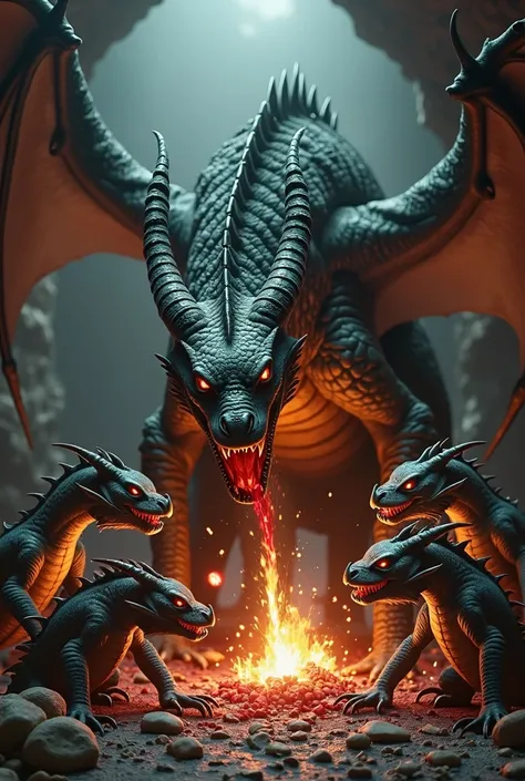 Create a picture of six baby dragons killing their dragon mother 